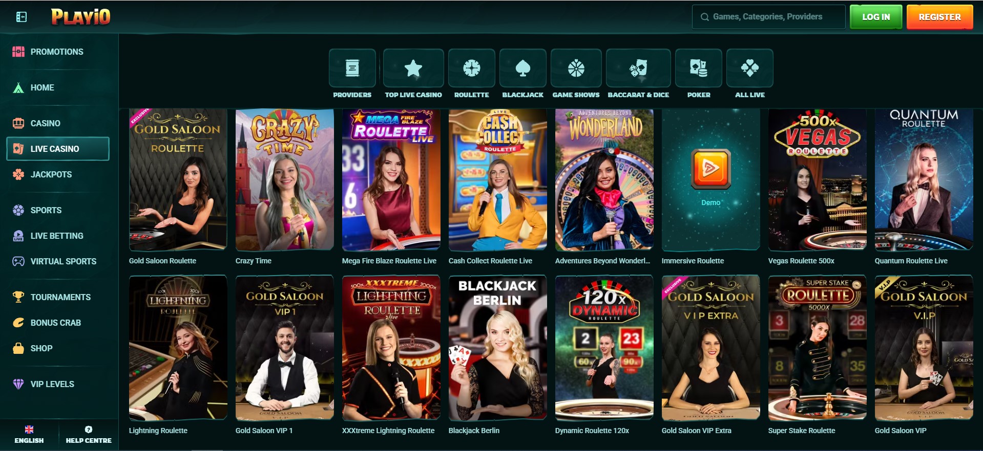 Casino-Website mit einer Vielzahl an Live-Casino-Spielen, darunter Gold Saloon Roulette, Crazy Time und Mega Fire Blaze Roulette Live. Die übersichtliche Navigation bietet Kategorien wie Casino, Live Casino, Jackpots und Sportwetten. Perfekt für Spieler, die ein Online Casino ohne Anmeldung und eine schnelle Auszahlung suchen.