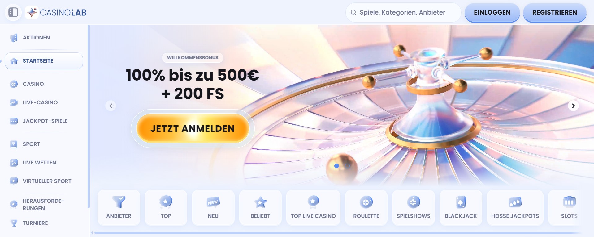 Die CasinoLab-Webseite präsentiert einen großzügigen Willkommensbonus von 100% bis zu 500€ sowie 200 Freispiele. Ein auffälliger gelber Button mit „JETZT ANMELDEN“ lädt zur Registrierung ein. Links befindet sich eine gut strukturierte Navigationsleiste mit Kategorien wie Aktionen, Casino, Live-Casino, Jackpot-Spiele und Sportwetten. Zusätzliche Optionen wie Anbieter, Neu, Beliebt, Top Live Casino, Roulette, Spielshows, Blackjack, Heiße Jackpots und Slots sind ebenfalls sichtbar. Die oberen rechten Buttons ermöglichen ein schnelles Einloggen oder Registrieren.