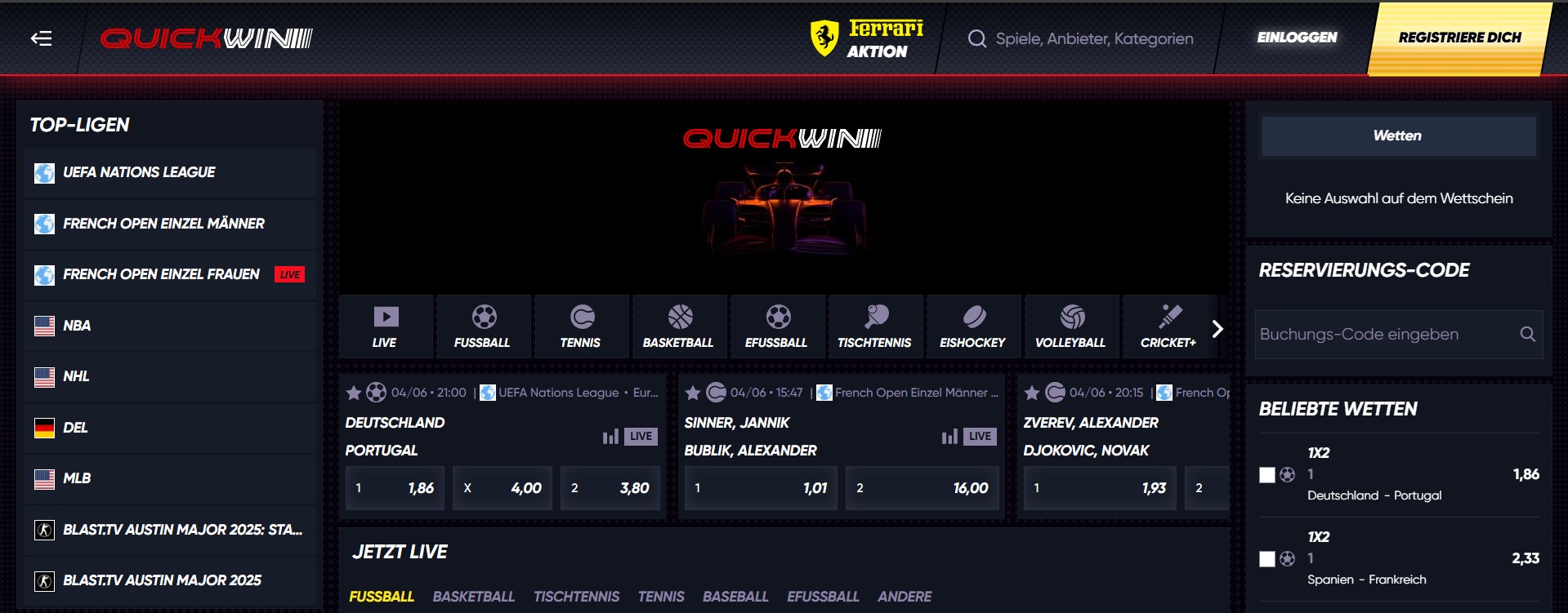Eine Sportwetten-Webseite namens „QuickWin“ präsentiert verschiedene Wettoptionen für Top-Ligen wie UEFA Nations League, French Open, NBA, NHL, DEL und MLB. In der Mitte sind Live-Wetten für Fußball, Tennis, Basketball und Eishockey sichtbar. Zusätzlich verweist die Plattform auch auf ein Online Casino ohne Anmeldung, das Spielern einen schnellen und unkomplizierten Zugang bietet. Rechts gibt es einen Bereich für beliebte Wetten und eine Eingabemaske für Reservierungscodes.